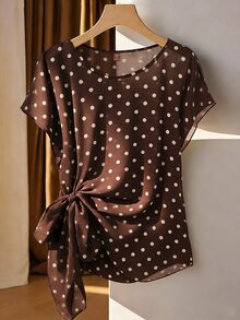 Franclia Plus Size Spring/Summer Yellow Heart Tie Bow Woven Shirt - Coffee Brown - View 2