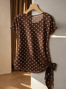 Franclia Plus Size Spring/Summer Yellow Heart Tie Bow Woven Shirt - Coffee Brown - View 3