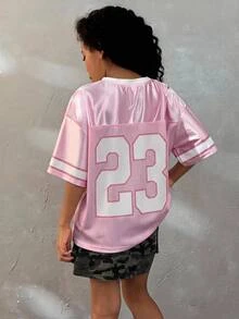 Coolane Kids 少女夏季街头风 Y2K 可爱演唱会运动图案数字宽松 V 领针织 T 恤 - 粉色 - 查看 3