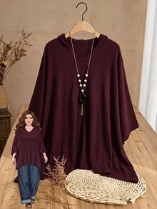 Rusticease Sweater Pullover Longgar Lengan Kelelawar Leher V Warna Polos untuk Wanita Ukuran Besar Musim Dingin - Coklat - View 1
