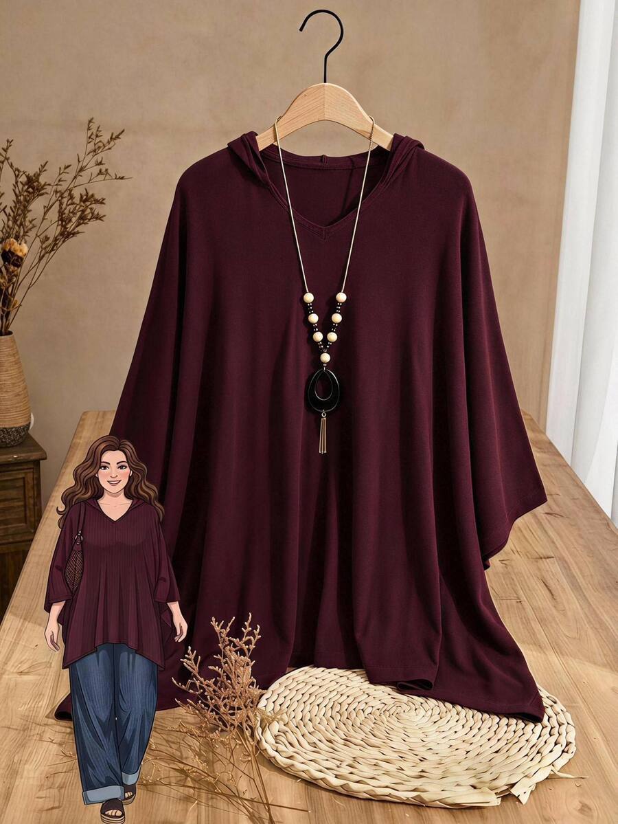 Rusticease Sweater Pullover Longgar Lengan Kelelawar Leher V Warna Polos untuk Wanita Ukuran Besar Musim Dingin - Coklat - View 1