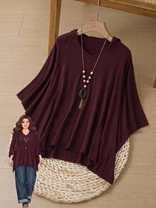Rusticease Sweater Pullover Longgar Lengan Kelelawar Leher V Warna Polos untuk Wanita Ukuran Besar Musim Dingin - Coklat - View 2