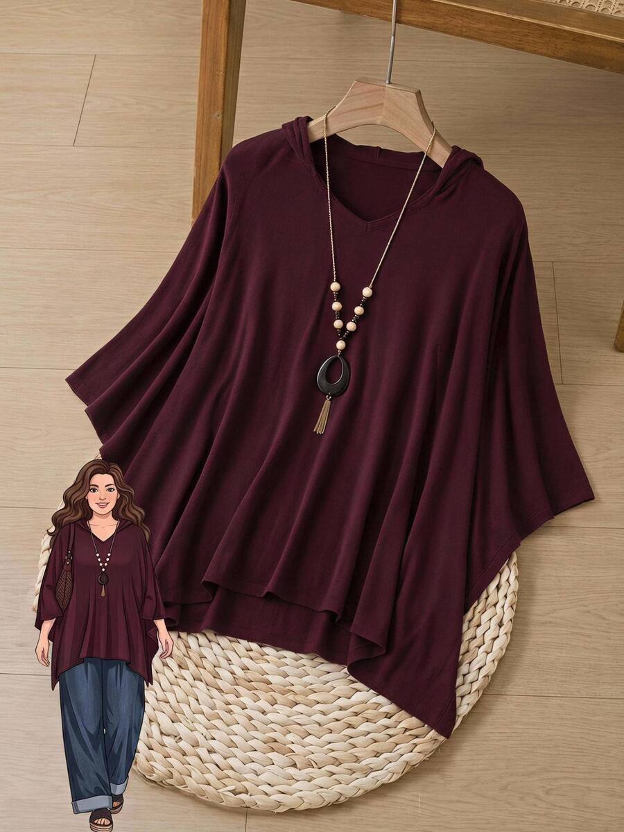 Rusticease Plus Size Women Solid Color V-Neck Batwing Sleeve Loose Pullover Sweater Winter - Brown - View 1