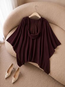Rusticease Sweater Pullover Longgar Lengan Kelelawar Leher V Warna Polos untuk Wanita Ukuran Besar Musim Dingin - Coklat - View 3
