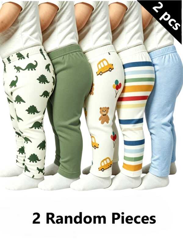 Playful Pals 2 Random Pcs,Baby Boys New Cute Comfortable Minimalist Soft Casual Long Pants, Boys Pants Daily Outfit, Gift