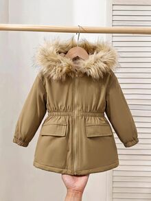 Baby Girl Cute Versatile Autumn/Winter Khaki Thermal Lined Hooded Jacket - Khaki - View 3