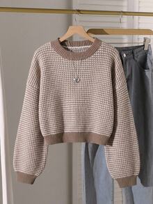 秋季冬季青少年女孩卡其色可愛圓領長袖針織毛衣套頭衫，返校季，保暖舒適，節日穿搭聖誕節 - 卡其色 - 查看 1