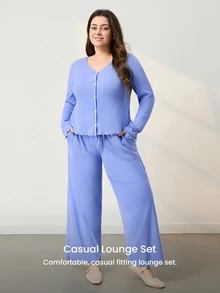 LUVLETTE Plus Size Women Cotton Spandex Pajama Set Long Sleeve V-Neck Button Front Top & Wide Leg Pants Contrast Trim Ribbed Loungewear - Blue - View 8