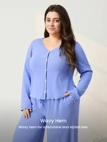LUVLETTE Plus Size Women Cotton Spandex Pajama Set Long Sleeve V-Neck Button Front Top & Wide Leg Pants Contrast Trim Ribbed Loungewear - Blue - View 7