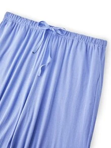 LUVLETTE Plus Size Women Cotton Spandex Pajama Set Long Sleeve V-Neck Button Front Top & Wide Leg Pants Contrast Trim Ribbed Loungewear - Blue - View 13