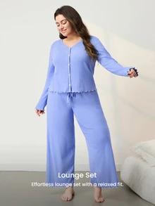 LUVLETTE Plus Size Women Cotton Spandex Pajama Set Long Sleeve V-Neck Button Front Top & Wide Leg Pants Contrast Trim Ribbed Loungewear - Blue - View 10