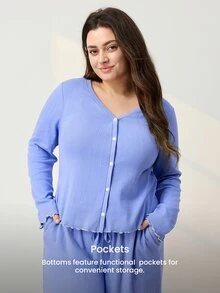 LUVLETTE Plus Size Women Cotton Spandex Pajama Set Long Sleeve V-Neck Button Front Top & Wide Leg Pants Contrast Trim Ribbed Loungewear - Blue - View 4