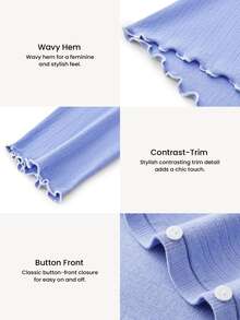 LUVLETTE Plus Size Women Cotton Spandex Pajama Set Long Sleeve V-Neck Button Front Top & Wide Leg Pants Contrast Trim Ribbed Loungewear - Blue - View 3