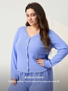 LUVLETTE Plus Size Women Cotton Spandex Pajama Set Long Sleeve V-Neck Button Front Top & Wide Leg Pants Contrast Trim Ribbed Loungewear - Blue - View 9