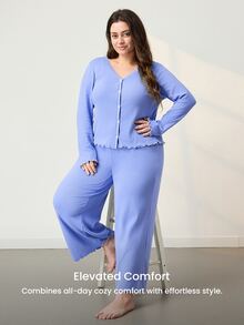 LUVLETTE Plus Size Women Cotton Spandex Pajama Set Long Sleeve V-Neck Button Front Top & Wide Leg Pants Contrast Trim Ribbed Loungewear - Blue - View 6