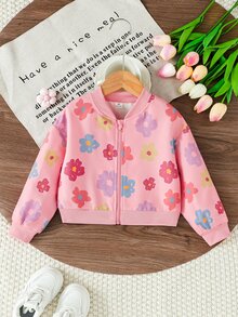 SHEIN Elladie kids Jaket Baseball Motor Pendek Longgar dengan Kerah Tegak dan Resleting, Motif Huruf Kontras Warna untuk Anak Perempuan, Cocok untuk Musim Gugur - Berwarna merah muda - View 9