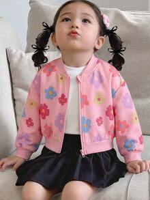 SHEIN Elladie kids Jaket Baseball Motor Pendek Longgar dengan Kerah Tegak dan Resleting, Motif Huruf Kontras Warna untuk Anak Perempuan, Cocok untuk Musim Gugur - Berwarna merah muda - View 7