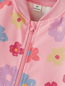 SHEIN Elladie kids Jaket Baseball Motor Pendek Longgar dengan Kerah Tegak dan Resleting, Motif Huruf Kontras Warna untuk Anak Perempuan, Cocok untuk Musim Gugur - Berwarna merah muda - View 5