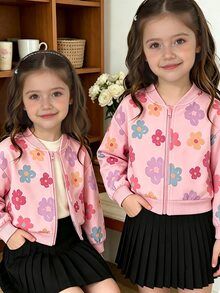 SHEIN Elladie kids Jaket Baseball Motor Pendek Longgar dengan Kerah Tegak dan Resleting, Motif Huruf Kontras Warna untuk Anak Perempuan, Cocok untuk Musim Gugur - Berwarna merah muda - View 3