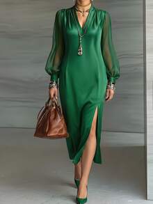 SHEIN LUNE CURVE 秋冬大尺碼女款翡翠綠光滑緞面V領透視泡泡袖側開衩中長襯衫洋裝，通勤與派對適用，優雅風格 - 墨綠色 - 查看 2