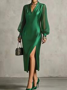 SHEIN LUNE CURVE 秋冬大尺碼女款翡翠綠光滑緞面V領透視泡泡袖側開衩中長襯衫洋裝，通勤與派對適用，優雅風格 - 墨綠色 - 查看 6