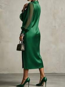 SHEIN LUNE CURVE 秋冬大尺碼女款翡翠綠光滑緞面V領透視泡泡袖側開衩中長襯衫洋裝，通勤與派對適用，優雅風格 - 墨綠色 - 查看 5