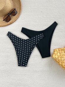 SHEIN Swim 2件套女士纯色豹纹泳裤豹纹比基尼 - 黑色 - 查看 3