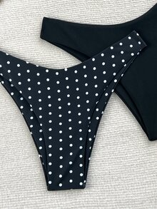 SHEIN Swim 2件套女士纯色豹纹泳裤豹纹比基尼 - 黑色 - 查看 4