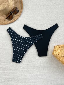 SHEIN Swim 2件套女士纯色豹纹泳裤豹纹比基尼 - 黑色 - 查看 2