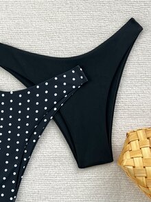 SHEIN Swim 2件套女士纯色豹纹泳裤豹纹比基尼 - 黑色 - 查看 5