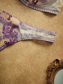 PinupPomp 大尺碼紫色花卉刺繡網紗性感內衣套裝 2件組 - 紫色 - 查看 5