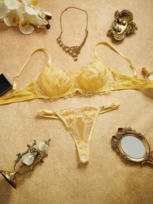 PinupPomp 2pcs Retro-Style Blue Women Sexy Lingerie Set - Yellow - View 3