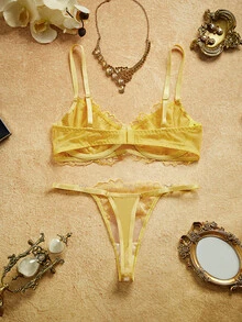 PinupPomp 2pcs Retro-Style Blue Women Sexy Lingerie Set - Yellow - View 2