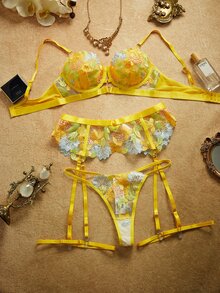 PinupPomp مجموعة ملابس داخلية نسائية مثيرة مطرزة بألوان زاهية رومانسية من 4 قطع - أصفر - مشاهدة 3
