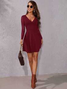 EURMUSE Contrast Mesh Surplice Neck Dress - Burgundy - View 8
