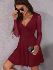 EURMUSE Contrast Mesh Surplice Neck Dress - Burgundy - View 5