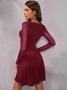 EURMUSE Contrast Mesh Surplice Neck Dress - Burgundy - View 2