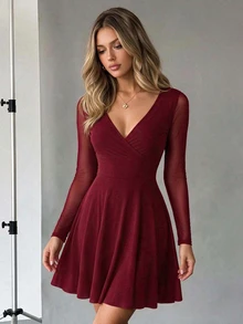 EURMUSE Contrast Mesh Surplice Neck Dress - Burgundy - View 3