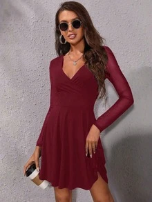 EURMUSE Contrast Mesh Surplice Neck Dress - Burgundy - View 6