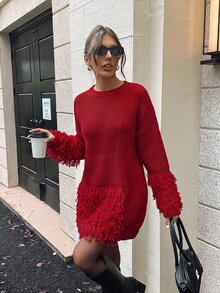 EURMUSE Contrast Mesh Surplice Neck Dress - Burgundy - View 9