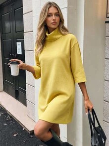 EURMUSE Women's Solid Color Turtleneck Dress - Yellow - View 1