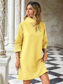 EURMUSE Women's Solid Color Turtleneck Dress - Yellow - View 5