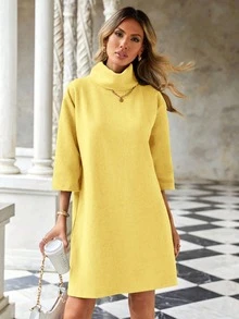 EURMUSE Women's Solid Color Turtleneck Dress - Yellow - View 7
