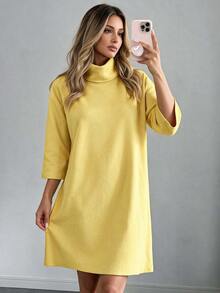 EURMUSE Women's Solid Color Turtleneck Dress - Yellow - View 3