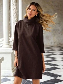 EURMUSE Ladies' Solid Colored Turtleneck Dress - Brown - View 5