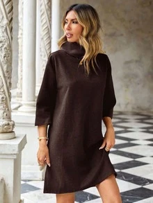 EURMUSE Ladies' Solid Colored Turtleneck Dress - Brown - View 3