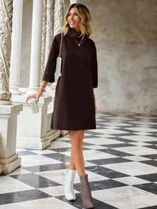 EURMUSE Ladies' Solid Colored Turtleneck Dress - Brown - View 4