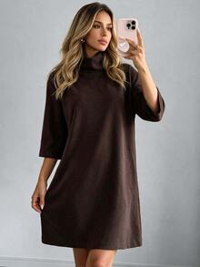 EURMUSE Ladies' Solid Colored Turtleneck Dress - Brown - View 2