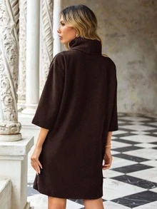 EURMUSE Ladies' Solid Colored Turtleneck Dress - Brown - View 6