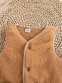 SHEIN 秋冬款中性嬰兒幼兒 0-3 歲百搭純色棕色泰迪絨舒適多功能休閒夾克 - 棕色 - 查看 5